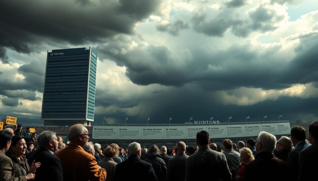 A sweeping panorama of the United Nations headquarters, its iconic glass and steel architecture standing against a backdrop of a stormy sky. In the foreground, figures representing past reform efforts - delegates, diplomats, and activists - engaged in animated discussion, their faces etched with determination. The middle ground features a timeline of significant UN reform milestones, from the founding charter to the most recent proposals, rendered in a muted, historical palette. The background is shrouded in a sense of uncertainty, hinting at the challenges and complexities that have hindered progress. Dramatic lighting casts long shadows, conveying the weight of history and the urgency for change. A sweeping panorama of the United Nations headquarters, its iconic glass and steel architecture standing against a backdrop of a stormy sky. In the foreground, figures representing past reform efforts - delegates, diplomats, and activists - engaged in animated discussion, their faces etched with determination. The middle ground features a timeline of significant UN reform milestones, from the founding charter to the most recent proposals, rendered in a muted, historical palette. The background is shrouded in a sense of uncertainty, hinting at the challenges and complexities that have hindered progress. Dramatic lighting casts long shadows, conveying the weight of history and the urgency for change.
