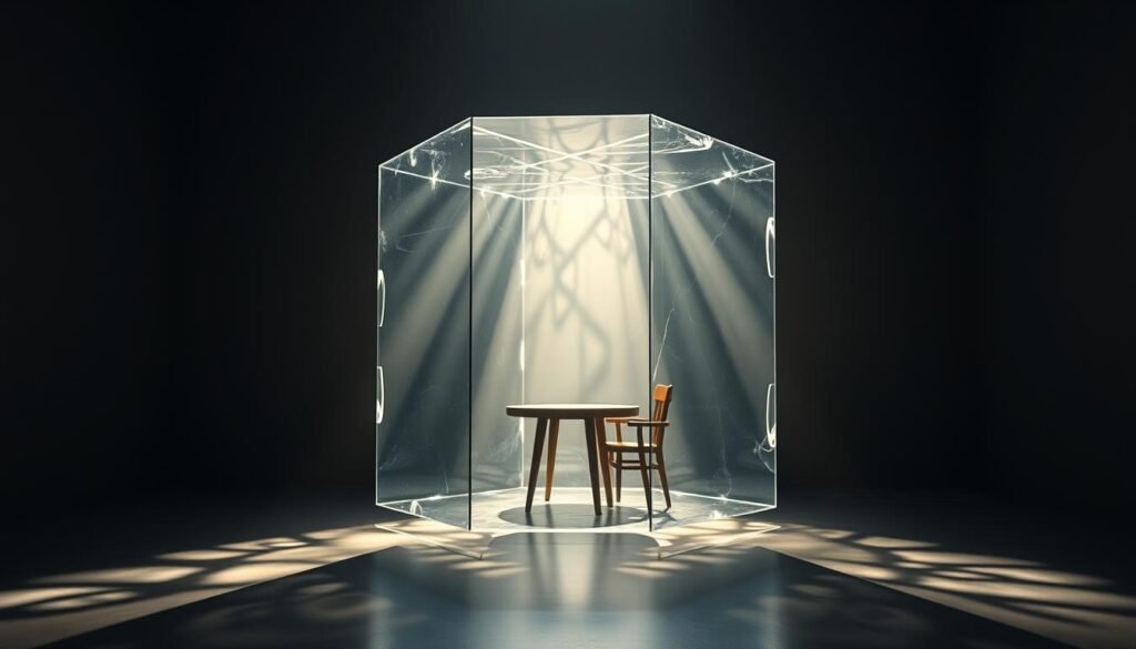 A transparent glass cube floats in a dimly lit, contemplative space. Soft rays of sunlight filter through the cube's facets, casting intricate patterns on the surrounding walls. The cube's interior is sparsely furnished, with a simple wooden table and chair, symbolizing the openness and accessibility of an ideal governance system. The overall atmosphere is one of tranquility and thoughtfulness, inviting the viewer to ponder the lessons of past UN reform efforts and the potential for a renewed pact for the future. A transparent glass cube floats in a dimly lit, contemplative space. Soft rays of sunlight filter through the cube's facets, casting intricate patterns on the surrounding walls. The cube's interior is sparsely furnished, with a simple wooden table and chair, symbolizing the openness and accessibility of an ideal governance system. The overall atmosphere is one of tranquility and thoughtfulness, inviting the viewer to ponder the lessons of past UN reform efforts and the potential for a renewed pact for the future.