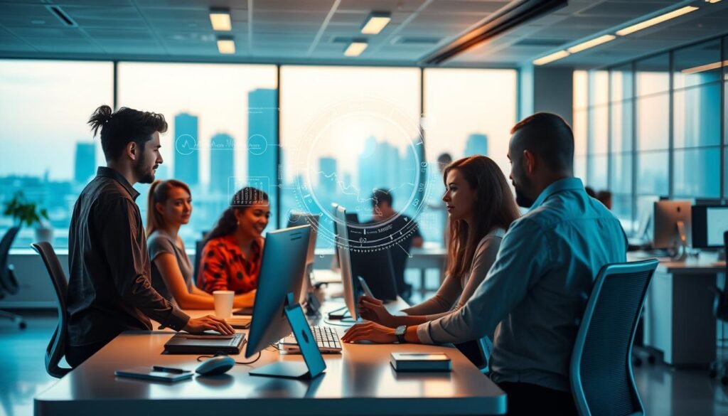 A vibrant and dynamic office environment, with AI-powered personalization technology seamlessly integrated throughout. In the foreground, a group of diverse employees collaborating at a sleek, minimalist workstation, their tasks and schedules automatically tailored to their individual preferences and needs. In the middle ground, a holographic AI assistant hovers, providing real-time data and personalized recommendations to boost productivity and engagement. The background showcases a futuristic skyline, hinting at the cutting-edge innovations that drive this AI-enhanced employee experience. The scene is bathed in warm, ambient lighting, creating a sense of harmony and technological sophistication.