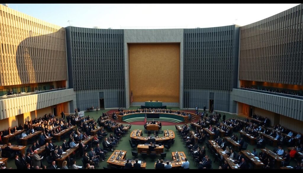 An expansive panoramic view of the United Nations Security Council headquarters in New York, bathed in warm afternoon light. The iconic modernist architecture stands proud, flanked by newly constructed annexes and wings, reflecting the 1965 expansion that saw the council's membership grow to 15 nations. Delegates from diverse nations gather in the grand assembly hall, engaged in animated discussions as they shape the future of global diplomacy. The scene conveys a sense of progress, international cooperation, and the evolving role of the UNSC in addressing the world's most pressing challenges.