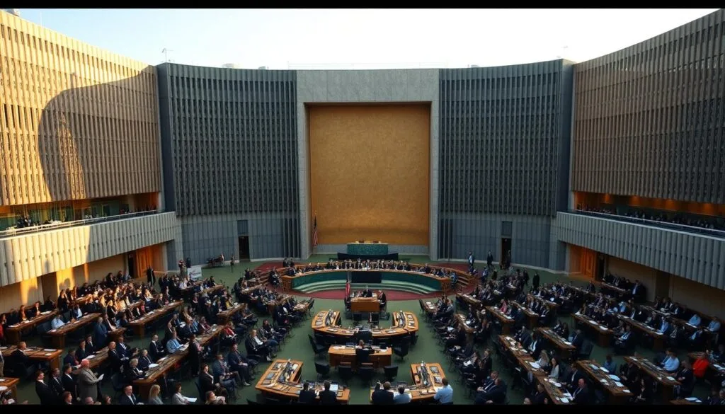 An expansive panoramic view of the United Nations Security Council headquarters in New York, bathed in warm afternoon light. The iconic modernist architecture stands proud, flanked by newly constructed annexes and wings, reflecting the 1965 expansion that saw the council's membership grow to 15 nations. Delegates from diverse nations gather in the grand assembly hall, engaged in animated discussions as they shape the future of global diplomacy. The scene conveys a sense of progress, international cooperation, and the evolving role of the UNSC in addressing the world's most pressing challenges. An expansive panoramic view of the United Nations Security Council headquarters in New York, bathed in warm afternoon light. The iconic modernist architecture stands proud, flanked by newly constructed annexes and wings, reflecting the 1965 expansion that saw the council's membership grow to 15 nations. Delegates from diverse nations gather in the grand assembly hall, engaged in animated discussions as they shape the future of global diplomacy. The scene conveys a sense of progress, international cooperation, and the evolving role of the UNSC in addressing the world's most pressing challenges.