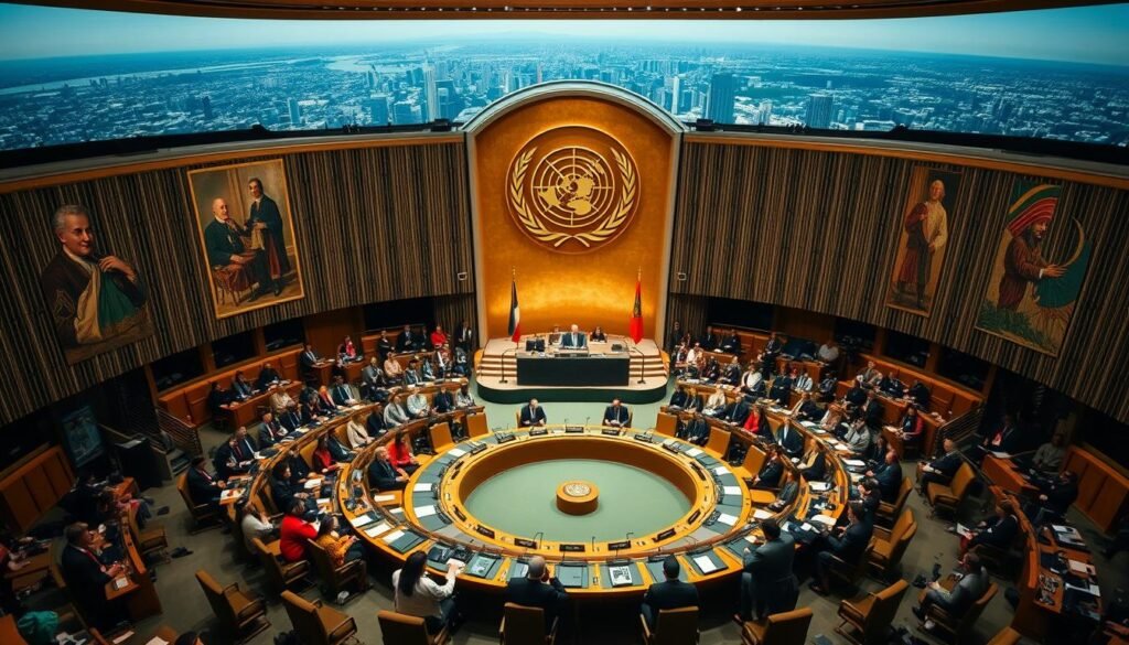 Intricate, multilayered scene depicting regional representation in the United Nations General Assembly. In the foreground, an ornate conference table surrounded by diverse delegates from various nations, each adorned in traditional attire, engaged in thoughtful discussion. The middle ground features a panoramic view of the grand, domed chamber, its walls adorned with intricate architectural details and historical murals. The background showcases a sprawling skyline of global cities, symbolizing the international scope and reach of the United Nations. Dramatic lighting casts long shadows, creating a sense of gravitas and importance. Crisp, high-resolution imagery with a cinematic, documentary-style aesthetic.