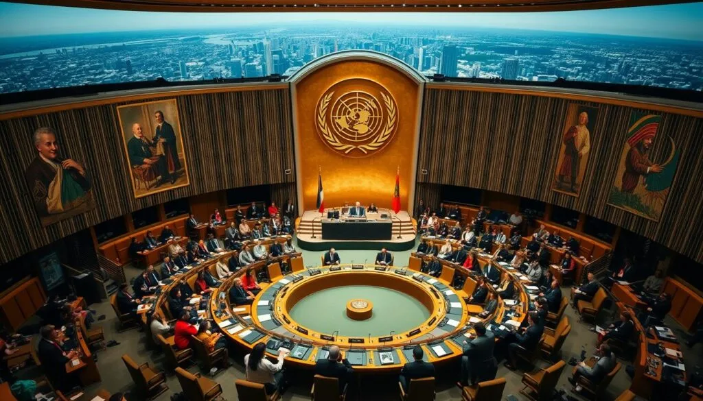 Intricate, multilayered scene depicting regional representation in the United Nations General Assembly. In the foreground, an ornate conference table surrounded by diverse delegates from various nations, each adorned in traditional attire, engaged in thoughtful discussion. The middle ground features a panoramic view of the grand, domed chamber, its walls adorned with intricate architectural details and historical murals. The background showcases a sprawling skyline of global cities, symbolizing the international scope and reach of the United Nations. Dramatic lighting casts long shadows, creating a sense of gravitas and importance. Crisp, high-resolution imagery with a cinematic, documentary-style aesthetic. Intricate, multilayered scene depicting regional representation in the United Nations General Assembly. In the foreground, an ornate conference table surrounded by diverse delegates from various nations, each adorned in traditional attire, engaged in thoughtful discussion. The middle ground features a panoramic view of the grand, domed chamber, its walls adorned with intricate architectural details and historical murals. The background showcases a sprawling skyline of global cities, symbolizing the international scope and reach of the United Nations. Dramatic lighting casts long shadows, creating a sense of gravitas and importance. Crisp, high-resolution imagery with a cinematic, documentary-style aesthetic.