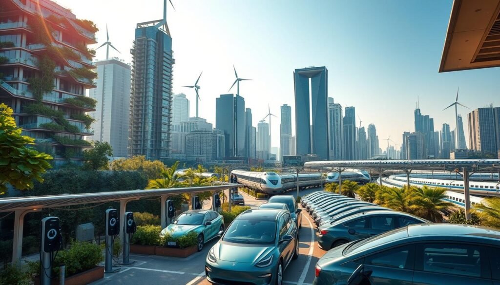 A bustling cityscape showcasing the future of a sustainable green economy. In the foreground, sleek electric vehicles charge at solar-powered stations, their clean lines and vibrant colors contrasting with the lush greenery surrounding them. In the middle ground, towering skyscrapers adorned with cascading vertical gardens and wind turbines on their rooftops stand as beacons of energy-efficient architecture. The background features a sprawling network of public transportation, including high-speed trains and monorails, all powered by renewable energy sources. The scene is bathed in warm, golden sunlight, conveying a sense of optimism and progress towards a harmonious balance between economic growth and environmental preservation. A bustling cityscape showcasing the future of a sustainable green economy. In the foreground, sleek electric vehicles charge at solar-powered stations, their clean lines and vibrant colors contrasting with the lush greenery surrounding them. In the middle ground, towering skyscrapers adorned with cascading vertical gardens and wind turbines on their rooftops stand as beacons of energy-efficient architecture. The background features a sprawling network of public transportation, including high-speed trains and monorails, all powered by renewable energy sources. The scene is bathed in warm, golden sunlight, conveying a sense of optimism and progress towards a harmonious balance between economic growth and environmental preservation.