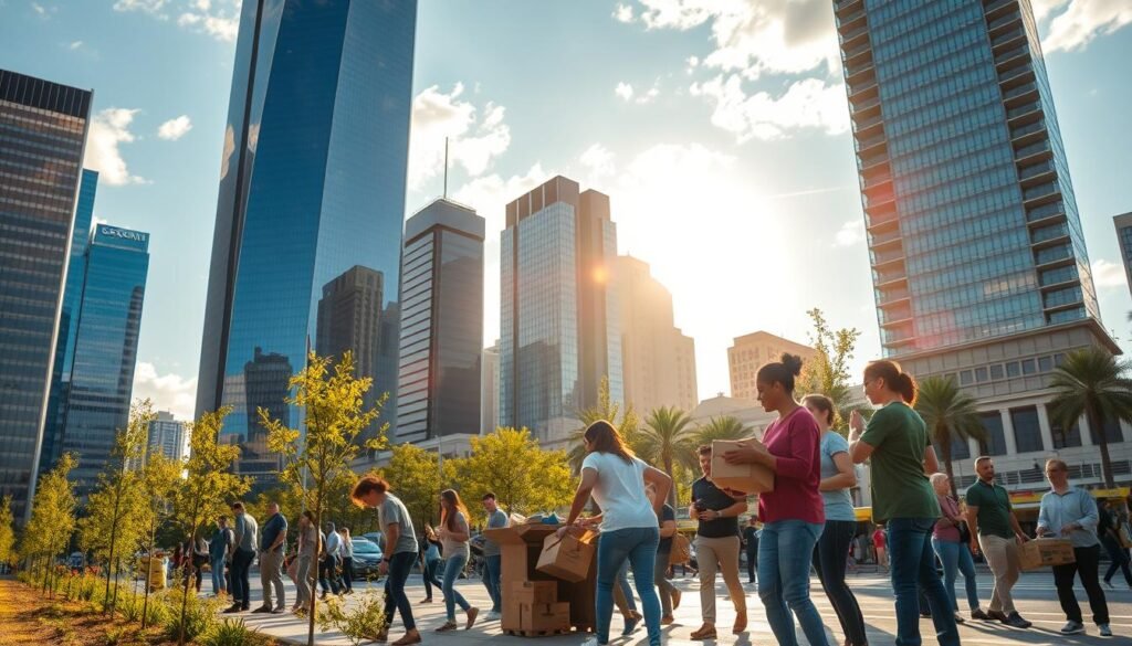 A bustling urban setting, where sleek glass-and-steel skyscrapers rise against a backdrop of a vibrant, sun-dappled sky. In the foreground, a diverse group of people engage in various acts of social responsibility - a team of employees planting trees along the sidewalk, a group of volunteers sorting donated goods, and a family handing out meals to the homeless. The scene is illuminated by warm, natural lighting, conveying a sense of hope, unity, and a collective commitment to making a positive impact on the community. The overall atmosphere is one of purposeful, harmonious activity, reflecting the vital role that social responsibility plays in the thriving, sustainable business sector. A bustling urban setting, where sleek glass-and-steel skyscrapers rise against a backdrop of a vibrant, sun-dappled sky. In the foreground, a diverse group of people engage in various acts of social responsibility - a team of employees planting trees along the sidewalk, a group of volunteers sorting donated goods, and a family handing out meals to the homeless. The scene is illuminated by warm, natural lighting, conveying a sense of hope, unity, and a collective commitment to making a positive impact on the community. The overall atmosphere is one of purposeful, harmonious activity, reflecting the vital role that social responsibility plays in the thriving, sustainable business sector.