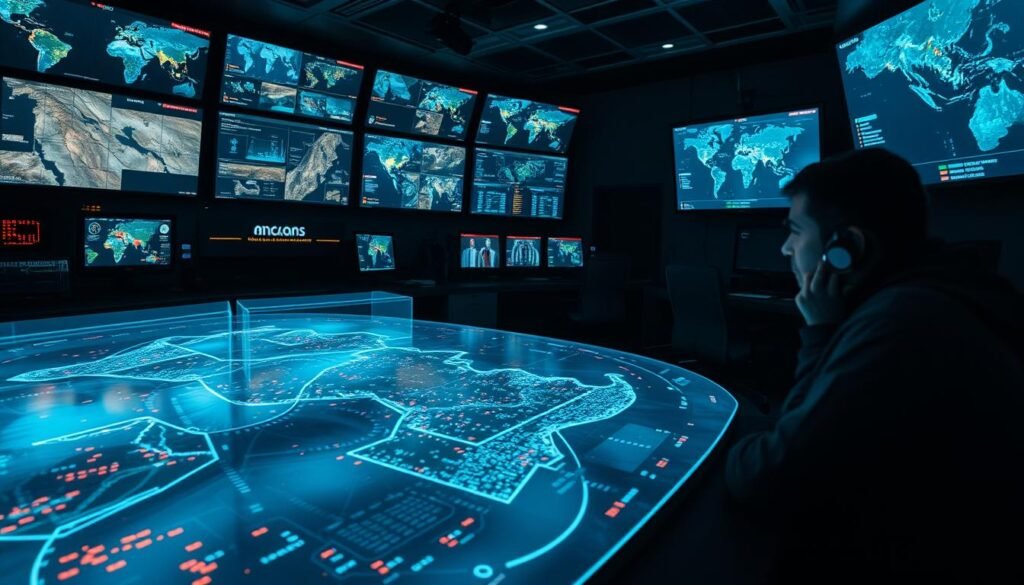 A dimly lit command center, the glow of multiple screens reflecting off the faces of analysts intently scrutinizing data. In the foreground, a large holographic display showcases complex geospatial analytics, tracing the movements of armed groups and potential flashpoints. Situational awareness cameras capture the pulse of the region, while algorithms sift through intercepted communications, identifying patterns and potential threats. The atmosphere is tense yet focused, as the team works to anticipate and mitigate emerging security challenges in this unstable part of the world. A dimly lit command center, the glow of multiple screens reflecting off the faces of analysts intently scrutinizing data. In the foreground, a large holographic display showcases complex geospatial analytics, tracing the movements of armed groups and potential flashpoints. Situational awareness cameras capture the pulse of the region, while algorithms sift through intercepted communications, identifying patterns and potential threats. The atmosphere is tense yet focused, as the team works to anticipate and mitigate emerging security challenges in this unstable part of the world.