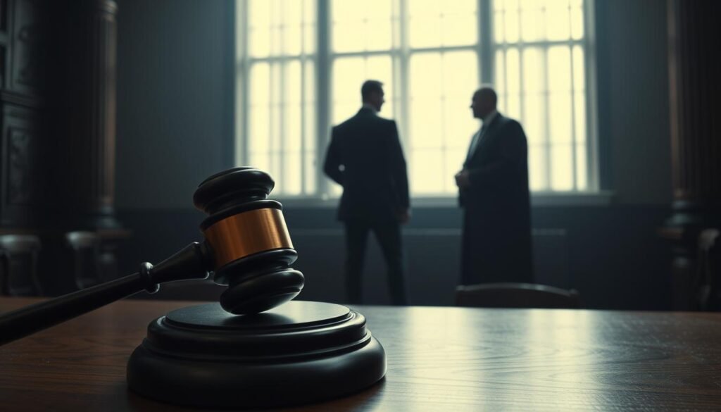 A dimly lit courtroom, the air thick with tension. In the foreground, a judge's gavel rests on a polished wooden desk, a symbol of the weight of legal authority. Behind it, a large window casts a soft, diffused light, illuminating the ornate columns and intricate carvings that adorn the walls. In the middle ground, two figures stand in sharp contrast, one in a crisp suit, the other in a robe, engaged in a heated debate, their expressions conveying the gravity of the legal challenge at hand. The background is shrouded in shadow, hinting at the broader implications and complexities of the case. The scene evokes a sense of gravitas and the high-stakes nature of the legal proceedings. A dimly lit courtroom, the air thick with tension. In the foreground, a judge's gavel rests on a polished wooden desk, a symbol of the weight of legal authority. Behind it, a large window casts a soft, diffused light, illuminating the ornate columns and intricate carvings that adorn the walls. In the middle ground, two figures stand in sharp contrast, one in a crisp suit, the other in a robe, engaged in a heated debate, their expressions conveying the gravity of the legal challenge at hand. The background is shrouded in shadow, hinting at the broader implications and complexities of the case. The scene evokes a sense of gravitas and the high-stakes nature of the legal proceedings.