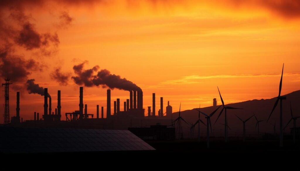 A dimly lit industrial landscape, with smokestacks and factories in the background, casting long shadows across the scene. In the foreground, solar panels, wind turbines, and other green energy infrastructure stand in stark contrast, signaling a shift towards sustainable alternatives. The sky is tinted with hues of orange and red, hinting at the looming threat of climate change. The overall atmosphere is one of tension and uncertainty, as the impact of environmental pressures on carbon-intensive industries is visually represented. A dimly lit industrial landscape, with smokestacks and factories in the background, casting long shadows across the scene. In the foreground, solar panels, wind turbines, and other green energy infrastructure stand in stark contrast, signaling a shift towards sustainable alternatives. The sky is tinted with hues of orange and red, hinting at the looming threat of climate change. The overall atmosphere is one of tension and uncertainty, as the impact of environmental pressures on carbon-intensive industries is visually represented.