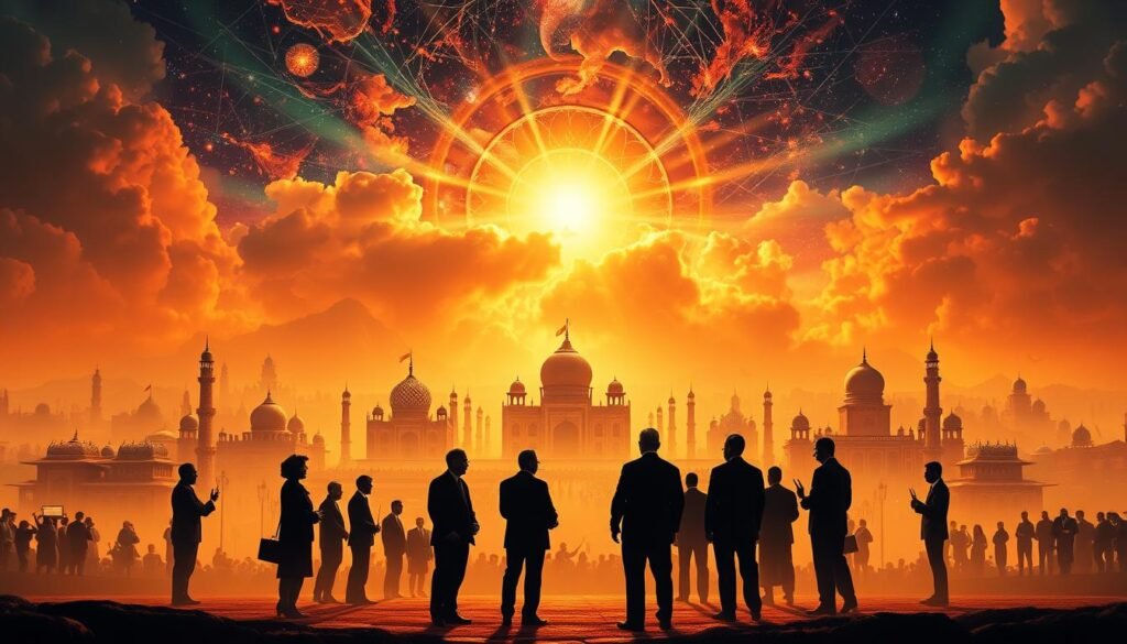 A grand, sweeping landscape depicting the shifting global power dynamics. In the foreground, silhouettes of world leaders stand in tense negotiation, their body language conveying a sense of cautious collaboration. The middle ground features a tapestry of diverse cultures, represented by intricate architectural structures and symbolic iconography, all converging on a central stage. In the background, a vivid, ethereal sky pulses with energy, hinting at the unseen forces and undercurrents shaping the new world order. The scene is bathed in a warm, golden light, creating an atmosphere of both gravitas and optimism, as if capturing a pivotal moment in the evolution of international diplomacy. A grand, sweeping landscape depicting the shifting global power dynamics. In the foreground, silhouettes of world leaders stand in tense negotiation, their body language conveying a sense of cautious collaboration. The middle ground features a tapestry of diverse cultures, represented by intricate architectural structures and symbolic iconography, all converging on a central stage. In the background, a vivid, ethereal sky pulses with energy, hinting at the unseen forces and undercurrents shaping the new world order. The scene is bathed in a warm, golden light, creating an atmosphere of both gravitas and optimism, as if capturing a pivotal moment in the evolution of international diplomacy.