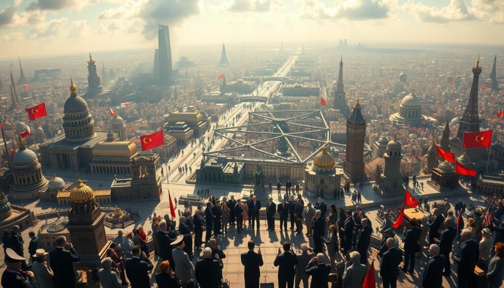A grand, sweeping scene of a new multipolar world order. In the foreground, three distinct power blocs emerge - a Western alliance, an Eastern bloc, and a rising Global South - each represented by iconic landmarks and symbols. The middle ground features a complex web of diplomatic and economic ties, with leaders from diverse nations engaged in intense negotiations. The background is a vibrant, kaleidoscopic tapestry of diverse cultures, economies, and ideologies, hinting at the multifaceted nature of this evolving geopolitical landscape. Dramatic cinematic lighting casts dramatic shadows, conveying a sense of dynamism and change. Shot with a wide-angle lens to capture the grand scale of this new global power dynamic. A grand, sweeping scene of a new multipolar world order. In the foreground, three distinct power blocs emerge - a Western alliance, an Eastern bloc, and a rising Global South - each represented by iconic landmarks and symbols. The middle ground features a complex web of diplomatic and economic ties, with leaders from diverse nations engaged in intense negotiations. The background is a vibrant, kaleidoscopic tapestry of diverse cultures, economies, and ideologies, hinting at the multifaceted nature of this evolving geopolitical landscape. Dramatic cinematic lighting casts dramatic shadows, conveying a sense of dynamism and change. Shot with a wide-angle lens to capture the grand scale of this new global power dynamic.
