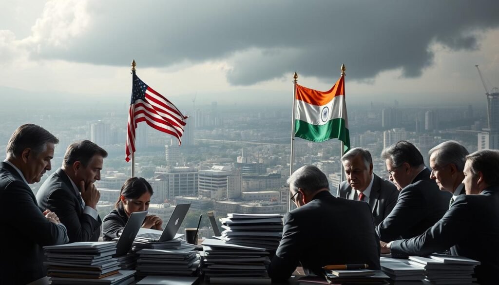 A high-stakes trade conflict unfolds, as the pharmaceutical industry navigates tense negotiations with India. In the foreground, pharma executives huddle, their expressions tense, surrounded by stacks of documents and laptops, symbolizing the complexity of the issues at hand. In the middle ground, flags of the United States and India stand in opposition, casting an ominous shadow over the scene. The background depicts a bustling cityscape, hinting at the broader economic implications of this clash. Dramatic lighting casts dramatic shadows, heightening the sense of tension and uncertainty. An ominous atmosphere pervades, reflecting the unprecedented challenges facing this pivotal industry. A high-stakes trade conflict unfolds, as the pharmaceutical industry navigates tense negotiations with India. In the foreground, pharma executives huddle, their expressions tense, surrounded by stacks of documents and laptops, symbolizing the complexity of the issues at hand. In the middle ground, flags of the United States and India stand in opposition, casting an ominous shadow over the scene. The background depicts a bustling cityscape, hinting at the broader economic implications of this clash. Dramatic lighting casts dramatic shadows, heightening the sense of tension and uncertainty. An ominous atmosphere pervades, reflecting the unprecedented challenges facing this pivotal industry.