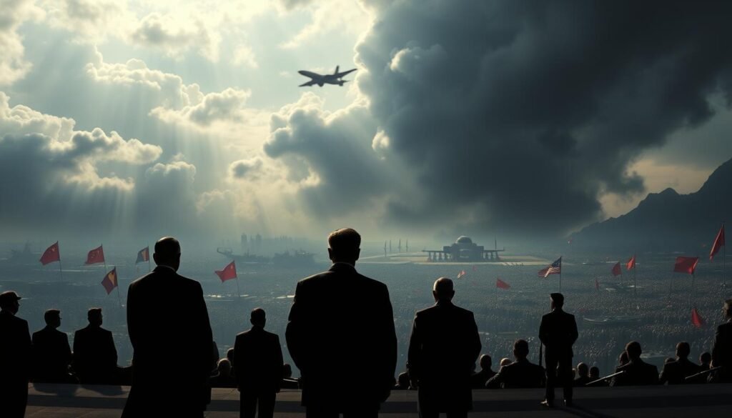 A panoramic, cinematic scene of emerging global powers on the world stage. In the foreground, silhouettes of national leaders standing resolutely, their features obscured by dramatic backlighting. In the middle ground, a turbulent landscape of geopolitical tension - military formations, clashing symbols, and shadowy power struggles. The background is shrouded in an ominous, foreboding atmosphere, with dark storm clouds gathering and the faint outlines of new technological threats looming on the horizon. Crisp, high-contrast lighting casts sharp shadows, heightening the sense of uncertainty and the precarious balance of global security. Captured with a wide-angle lens to convey the epic scale of these transformative times. A panoramic, cinematic scene of emerging global powers on the world stage. In the foreground, silhouettes of national leaders standing resolutely, their features obscured by dramatic backlighting. In the middle ground, a turbulent landscape of geopolitical tension - military formations, clashing symbols, and shadowy power struggles. The background is shrouded in an ominous, foreboding atmosphere, with dark storm clouds gathering and the faint outlines of new technological threats looming on the horizon. Crisp, high-contrast lighting casts sharp shadows, heightening the sense of uncertainty and the precarious balance of global security. Captured with a wide-angle lens to convey the epic scale of these transformative times.