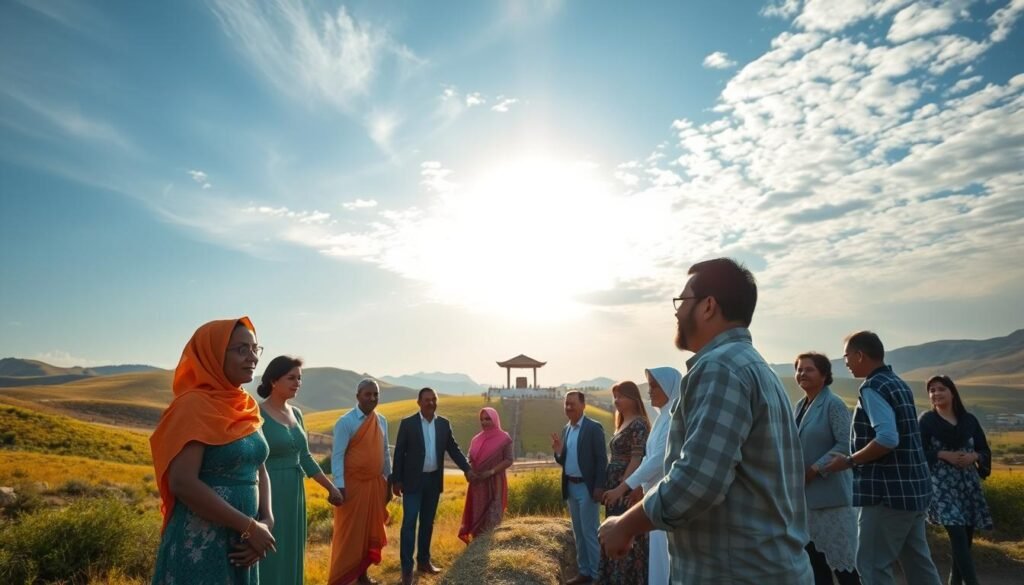 A serene landscape of rolling hills, where people of diverse backgrounds gather hand-in-hand, their faces radiating hope and determination. In the foreground, a group of individuals from different nations, faiths, and cultures engage in earnest dialogue, their expressions conveying mutual understanding. In the middle ground, a symbolic structure rises, its architecture blending traditional and modern elements, representing the fusion of ancient wisdom and innovative solutions. The background features a vibrant, sun-dappled sky, casting a warm, peaceful glow over the scene, emphasizing the sense of unity and progress. Captured through a wide-angle lens, this image evokes the essence of peacebuilding, where differences are celebrated, and collective efforts pave the way for a secure future. A serene landscape of rolling hills, where people of diverse backgrounds gather hand-in-hand, their faces radiating hope and determination. In the foreground, a group of individuals from different nations, faiths, and cultures engage in earnest dialogue, their expressions conveying mutual understanding. In the middle ground, a symbolic structure rises, its architecture blending traditional and modern elements, representing the fusion of ancient wisdom and innovative solutions. The background features a vibrant, sun-dappled sky, casting a warm, peaceful glow over the scene, emphasizing the sense of unity and progress. Captured through a wide-angle lens, this image evokes the essence of peacebuilding, where differences are celebrated, and collective efforts pave the way for a secure future.