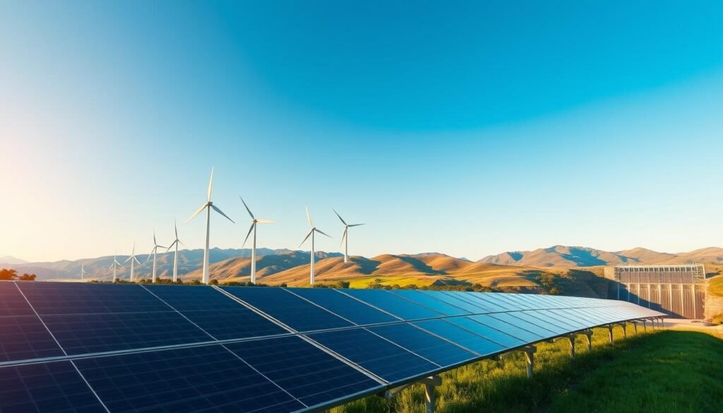 A serene landscape showcasing the harmonious integration of renewable energy solutions. In the foreground, sleek solar panels capture the sun's rays, their elegant silhouettes casting dynamic shadows across the lush, verdant terrain. In the middle ground, towering wind turbines stand tall, their graceful blades effortlessly slicing through the crisp, azure sky. In the distance, a shimmering hydroelectric dam nestled between rolling hills, harnessing the power of flowing water. The scene is bathed in warm, golden light, conveying a sense of sustainability, progress, and a brighter, eco-friendly future. A serene landscape showcasing the harmonious integration of renewable energy solutions. In the foreground, sleek solar panels capture the sun's rays, their elegant silhouettes casting dynamic shadows across the lush, verdant terrain. In the middle ground, towering wind turbines stand tall, their graceful blades effortlessly slicing through the crisp, azure sky. In the distance, a shimmering hydroelectric dam nestled between rolling hills, harnessing the power of flowing water. The scene is bathed in warm, golden light, conveying a sense of sustainability, progress, and a brighter, eco-friendly future.