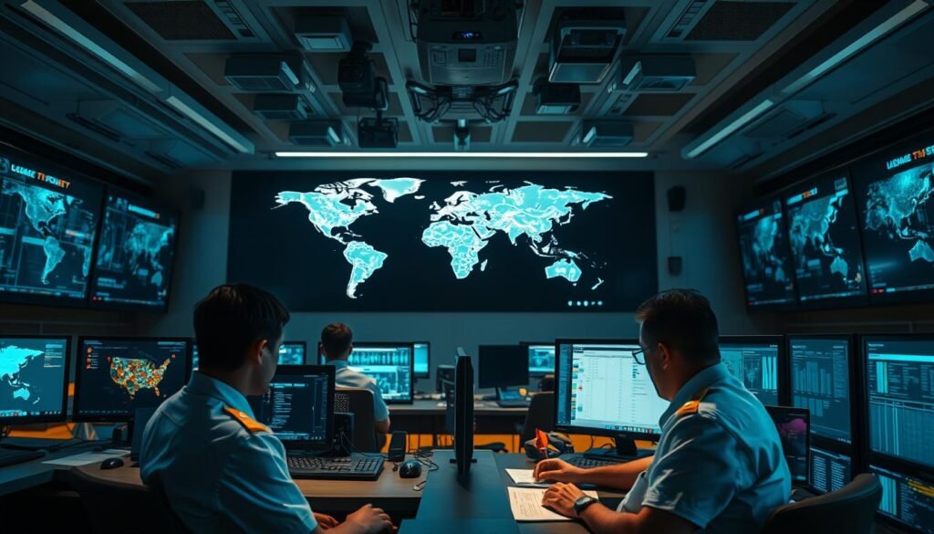 A serene, secure control room with banks of monitors displaying real-time threat assessments. Technicians in crisp uniforms diligently analyze data, their faces illuminated by the soft glow of screens. In the background, a large world map projects potential flashpoints, tension radiating outwards. Overhead, a sophisticated array of cameras and sensors track activity, providing a comprehensive view of the landscape. The lighting is subdued, conveying a sense of focus and professionalism. This image represents the crucial role of security studies in anticipating and managing conflicts, ensuring a future of stability and peace. A serene, secure control room with banks of monitors displaying real-time threat assessments. Technicians in crisp uniforms diligently analyze data, their faces illuminated by the soft glow of screens. In the background, a large world map projects potential flashpoints, tension radiating outwards. Overhead, a sophisticated array of cameras and sensors track activity, providing a comprehensive view of the landscape. The lighting is subdued, conveying a sense of focus and professionalism. This image represents the crucial role of security studies in anticipating and managing conflicts, ensuring a future of stability and peace.