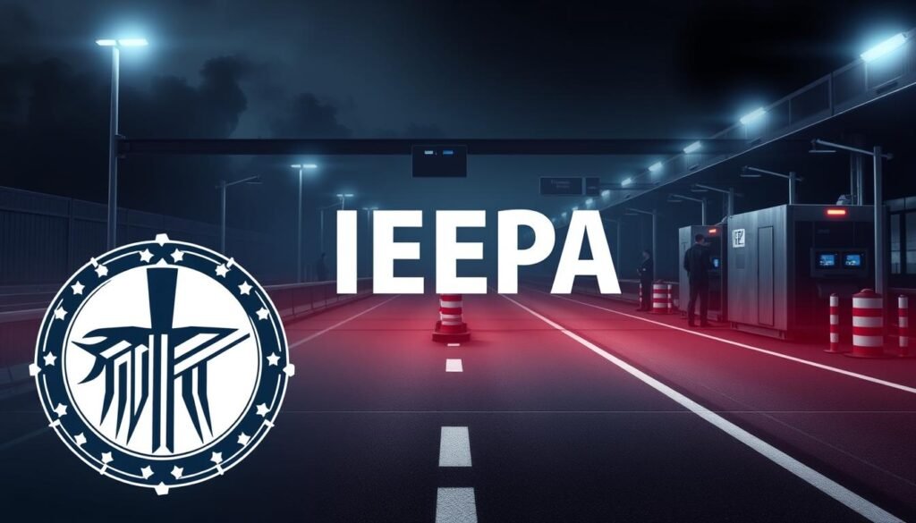 A sleek, modern illustration showcasing the IEEPA (International Emergency Economic Powers Act) against a backdrop of national security and border control. In the foreground, a stylized graphic depiction of the IEEPA logo, its bold lines and angles conveying a sense of authority and power. In the middle ground, a digital rendering of a secure border crossing, with customs officials and advanced surveillance technology. The background features a subdued, yet ominous atmosphere, hinting at the gravity and complexity of the IEEPA's role in combating illicit goods, including fentanyl, crossing international borders. The overall aesthetic is one of precision, technology, and the delicate balance between national security and global trade. A sleek, modern illustration showcasing the IEEPA (International Emergency Economic Powers Act) against a backdrop of national security and border control. In the foreground, a stylized graphic depiction of the IEEPA logo, its bold lines and angles conveying a sense of authority and power. In the middle ground, a digital rendering of a secure border crossing, with customs officials and advanced surveillance technology. The background features a subdued, yet ominous atmosphere, hinting at the gravity and complexity of the IEEPA's role in combating illicit goods, including fentanyl, crossing international borders. The overall aesthetic is one of precision, technology, and the delicate balance between national security and global trade.