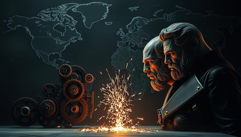 A vast global map dominates the scene, its borders etched in stark detail. Across this landscape, massive gears and cogs, symbolic of the machinery of international trade, grind against each other, casting off sparks and friction. In the foreground, two imposing figures, representing nations or trading blocs, face off, their expressions stern and unyielding. The lighting is dramatic, casting deep shadows and highlighting the tension in the air. The overall atmosphere conveys a sense of high-stakes conflict, as the world seems to hold its breath, waiting to see how this economic standoff will unfold. A vast global map dominates the scene, its borders etched in stark detail. Across this landscape, massive gears and cogs, symbolic of the machinery of international trade, grind against each other, casting off sparks and friction. In the foreground, two imposing figures, representing nations or trading blocs, face off, their expressions stern and unyielding. The lighting is dramatic, casting deep shadows and highlighting the tension in the air. The overall atmosphere conveys a sense of high-stakes conflict, as the world seems to hold its breath, waiting to see how this economic standoff will unfold.