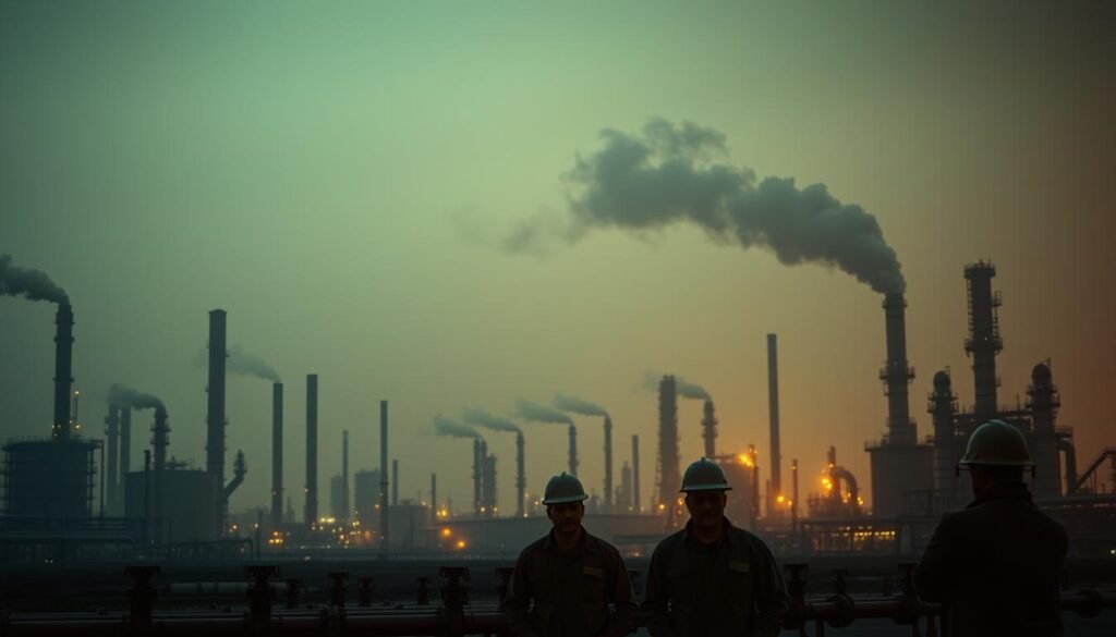 A vast industrial complex, looming against a hazy, dimly lit sky. Smokestacks and storage tanks, their silhouettes casting long shadows. In the foreground, a group of refinery workers, faces etched with concern, standing amidst a field of pipes and valves. The scene is bathed in an amber glow, creating a sense of tension and uncertainty. Overhead, a vague, ominous presence - the spectre of a new tariff, its impact rippling through the energy landscape. The image captures the apprehension and unease felt by those whose livelihoods are tied to this vital industry, caught in the crosshairs of global trade negotiations. A vast industrial complex, looming against a hazy, dimly lit sky. Smokestacks and storage tanks, their silhouettes casting long shadows. In the foreground, a group of refinery workers, faces etched with concern, standing amidst a field of pipes and valves. The scene is bathed in an amber glow, creating a sense of tension and uncertainty. Overhead, a vague, ominous presence - the spectre of a new tariff, its impact rippling through the energy landscape. The image captures the apprehension and unease felt by those whose livelihoods are tied to this vital industry, caught in the crosshairs of global trade negotiations.