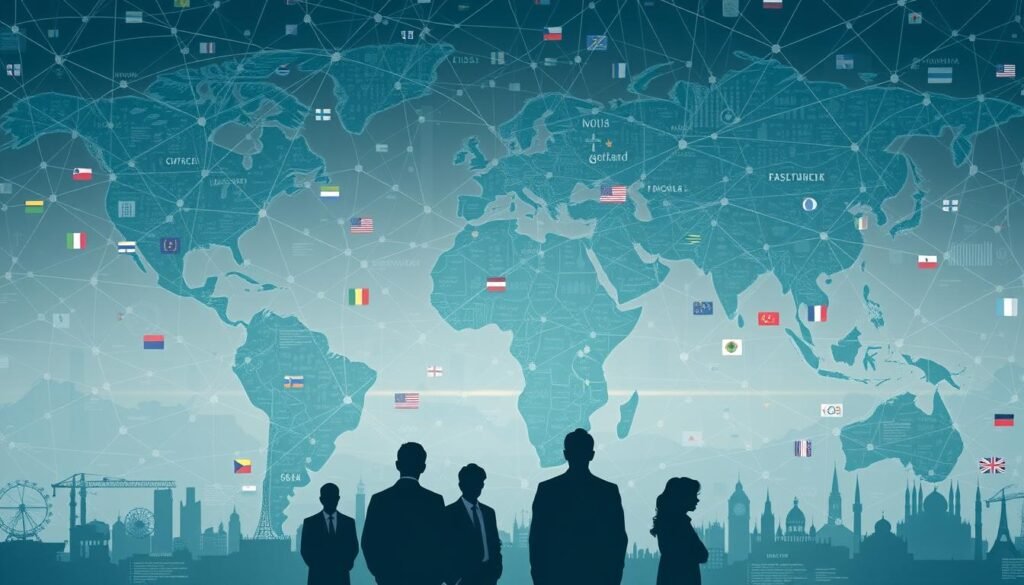 A vast, interconnected global landscape with nations, institutions, and individuals intricately linked. In the foreground, a complex web of data streams, financial flows, and communication channels, symbolizing the intricate interdependence of the modern world. The middle ground features silhouettes of government officials, corporate leaders, and policy experts, their expressions pensive as they navigate the delicate balance of power and influence. In the background, a mosaic of flags, emblems, and iconic landmarks, representing the diverse players on the international stage. Subtle hues of blue and gray convey a sense of gravity and urgency, as the scene evokes the fragility and importance of global security in an era of heightened geopolitical tensions. A vast, interconnected global landscape with nations, institutions, and individuals intricately linked. In the foreground, a complex web of data streams, financial flows, and communication channels, symbolizing the intricate interdependence of the modern world. The middle ground features silhouettes of government officials, corporate leaders, and policy experts, their expressions pensive as they navigate the delicate balance of power and influence. In the background, a mosaic of flags, emblems, and iconic landmarks, representing the diverse players on the international stage. Subtle hues of blue and gray convey a sense of gravity and urgency, as the scene evokes the fragility and importance of global security in an era of heightened geopolitical tensions.