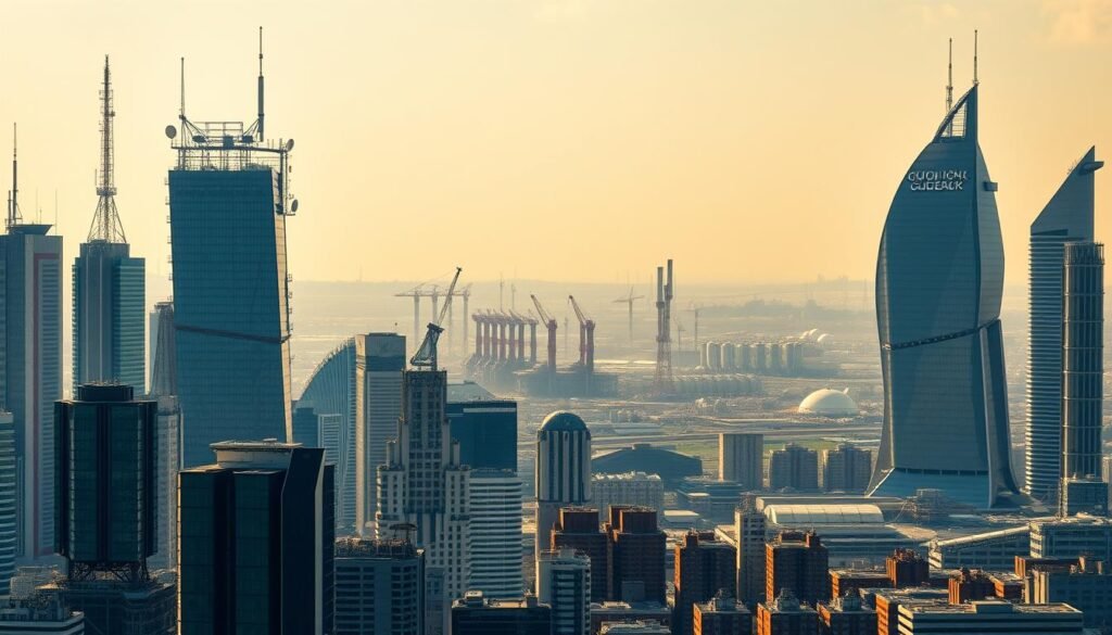 A cityscape of towering skyscrapers, where technology and industry converge as geostrategic levers. In the foreground, a panoramic view of a bustling metropolis, with sleek, angular buildings adorned with arrays of satellite dishes and communication antennae. The middle ground features a sprawling industrial complex, its smokestacks and factories emblematic of a nation's technological prowess and manufacturing might. The background is dominated by a vast, futuristic-looking structure, resembling an international standards organization, its imposing presence underscoring the geopolitical importance of technical regulations and norms. The scene is bathed in a warm, golden light, conveying a sense of power, progress, and global influence.