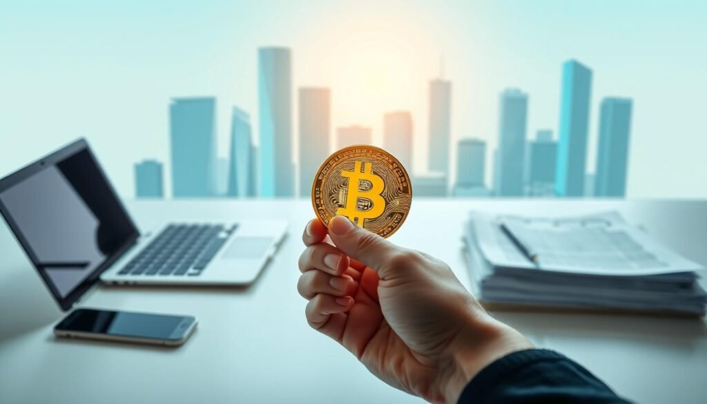 A clean, well-lit workspace with a sleek laptop, a smartphone, and a stack of papers on a minimalist desk. In the foreground, a hand holds a physical Bitcoin coin, casting a warm glow. The background features a stylized cityscape with skyscrapers and a clear blue sky, conveying a sense of financial progress and opportunity. The lighting is soft and directional, highlighting the key elements and creating depth and dimension. The overall scene evokes a sense of professional, yet approachable, guidance for a new investor embarking on their Bitcoin journey.