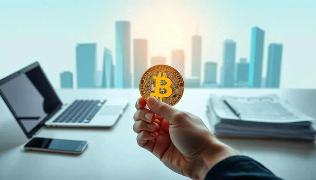 A clean, well-lit workspace with a sleek laptop, a smartphone, and a stack of papers on a minimalist desk. In the foreground, a hand holds a physical Bitcoin coin, casting a warm glow. The background features a stylized cityscape with skyscrapers and a clear blue sky, conveying a sense of financial progress and opportunity. The lighting is soft and directional, highlighting the key elements and creating depth and dimension. The overall scene evokes a sense of professional, yet approachable, guidance for a new investor embarking on their Bitcoin journey.