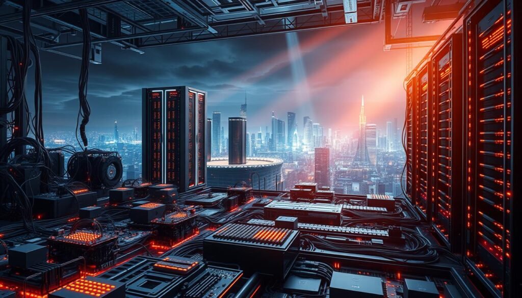 A complex, highly technical landscape depicting advanced replatforming techniques. In the foreground, a network of interconnected modules and components, their intricate circuitry and data pathways visible. Towering in the middle ground, sleek server racks and data centers, their LED-illuminated panels casting a warm glow. In the distant background, a cityscape of futuristic skyscrapers and infrastructure, hinting at the scale and integration of these replatforming systems. Dramatic lighting, with beams of light cutting through the scene, creating depth and a sense of awe. The overall mood is one of sophisticated, cutting-edge technology, expertly engineered to modernize and revitalize monolithic applications.