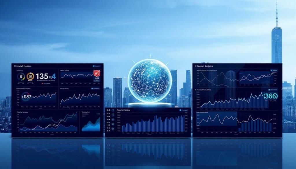 A detailed on-chain and market analytics dashboard presented against a sleek, minimalist background. In the foreground, a series of interactive charts, graphs, and visualizations display key crypto market metrics, transaction volumes, and on-chain activity. The middle ground features a 3D holographic globe pulsing with real-time data streams. In the background, a cityscape of skyscrapers bathed in a cool, blue-tinted lighting, conveying a sense of technological sophistication. The overall composition exudes a mood of data-driven insights, cutting-edge technology, and the cutting edge of crypto investment analytics.