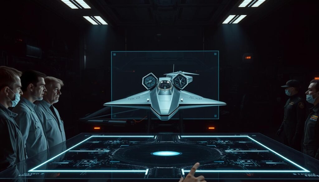 A dimly lit laboratory with a central holographic display projecting a 3D model of a sleek, angular autonomous weapon system. In the foreground, a group of scientists and military officials examine the model, their faces cast in a pensive, contemplative glow. The background is shrouded in an ominous atmosphere, with ominous machinery and shadowy figures suggesting the ethical complexities of this technology. Dramatic chiaroscuro lighting emphasizes the tension and gravity of the scene, as the group grapples with the moral and legal implications of these autonomous systems.