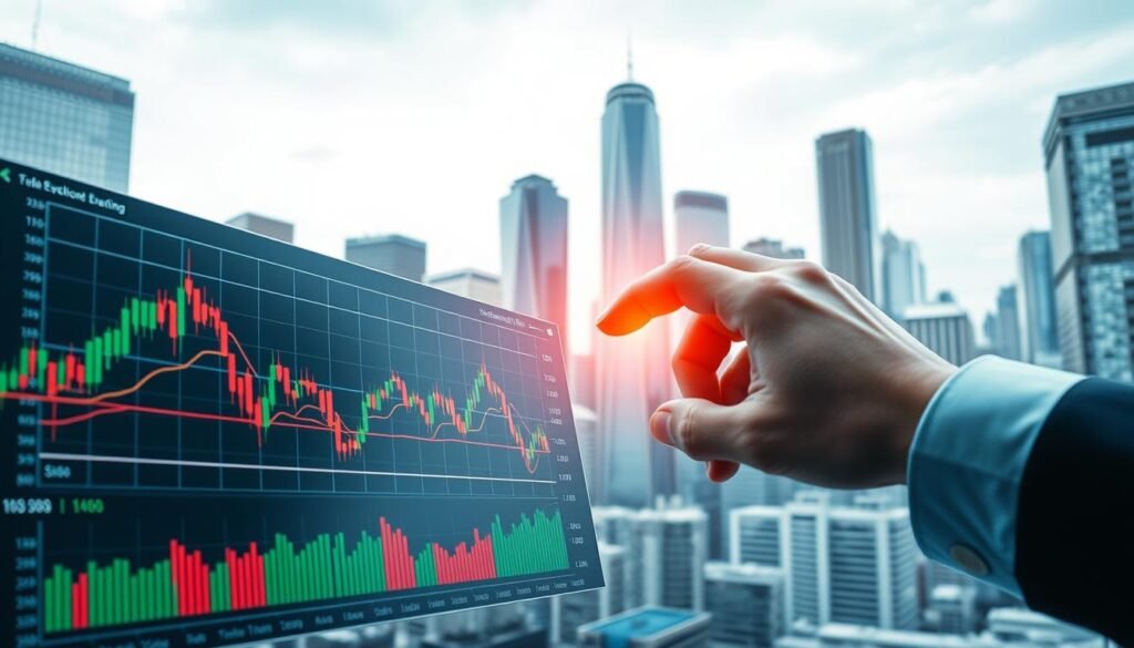 A dynamic and visually engaging image depicting the key elements of technical analysis and trading, set against a backdrop of a modern, high-tech financial environment. In the foreground, a comprehensive stock chart displaying various technical indicators and patterns, with a trader's hand carefully analyzing the data. In the middle ground, a sleek, minimalist trading platform interface, showcasing real-time market data and trading tools. In the background, a cityscape of towering skyscrapers, conveying the global scale and sophistication of the financial markets. The lighting is crisp and clean, with a slight cool tone, creating a sense of technological precision. The overall mood is one of focused, analytical decision-making in the pursuit of successful trading strategies.