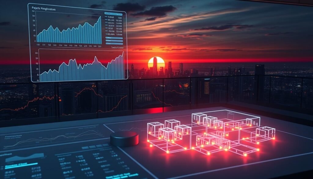 A futuristic financial dashboard displaying real-time cost analytics for a replatforming project. In the foreground, holographic charts and graphs float above a sleek, minimalist interface. The middle ground features a 3D model of a modern web application architecture, with modular components connected by glowing data streams. In the background, a sprawling city skyline is illuminated by a vibrant, neon-tinged sunset, reflecting the dynamic, technology-driven nature of the replatforming endeavor. Soft, directional lighting casts dramatic shadows, creating a sense of depth and sophistication. The overall aesthetic is one of precision, control, and strategic financial optimization.