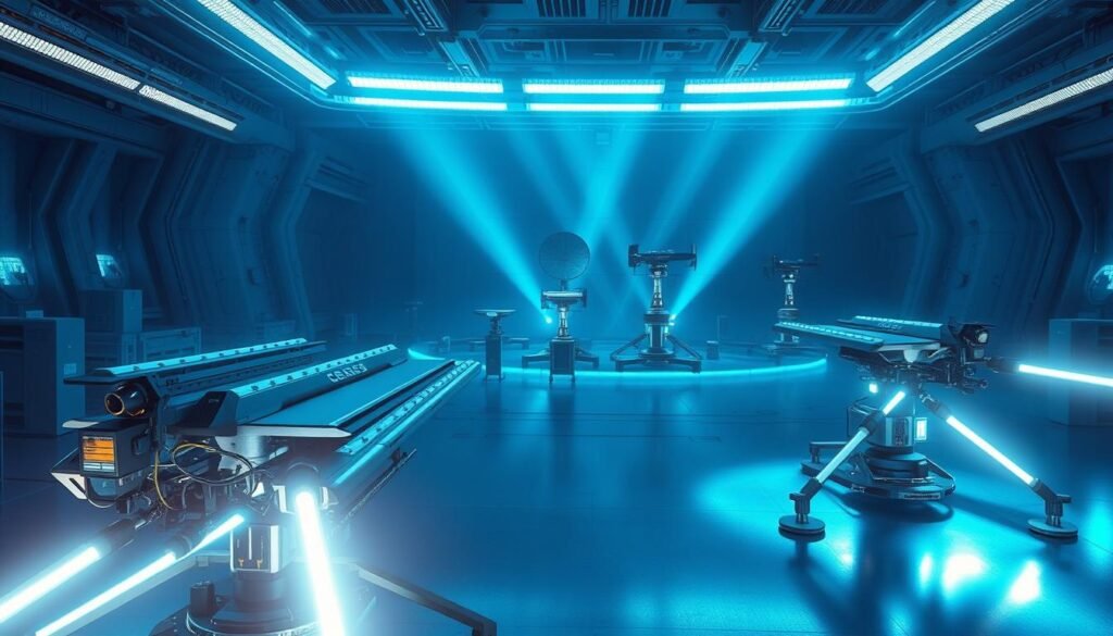 A futuristic laboratory setting with an array of advanced directed energy weapon systems. In the foreground, sleek, angular weapon platforms emit powerful beams of energy, their high-tech components and intricate wiring visible. The middle ground features a cluster of radar dishes and targeting systems, bathed in a cool, blue-tinted lighting that casts long shadows across the scene. The background fades into a dimly lit expanse, hinting at the vast technological infrastructure required to power and coordinate these cutting-edge countermeasures. An atmosphere of scientific innovation and military precision permeates the image, suggesting the rapid evolution of asymmetric warfare capabilities.
