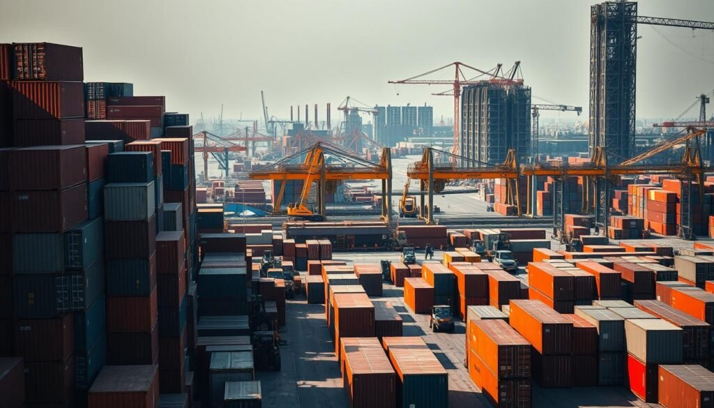 A high-contrast, wide-angle image of a bustling industrial landscape. In the foreground, a diverse array of shipping containers in various colors are stacked and arranged with precision, symbolizing supplier diversification. In the middle ground, a network of conveyor belts, cranes, and forklifts operate in a well-choreographed dance, representing the efficiency of nearshoring and regionalization. In the background, a towering warehouse complex stands tall, its shelves brimming with inventory, conveying a sense of resilience and working capital. Dramatic shadows, warm lighting, and a slightly hazy atmosphere create an atmosphere of industrious activity and strategic preparedness.