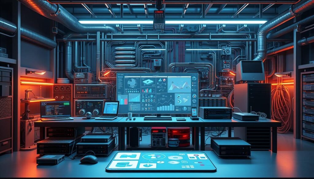 A high-resolution, 3D technical illustration showcasing an "Implementation Guide: Data, Tools, and Integration Patterns". The scene is set in a dimly lit, metallic-themed laboratory environment, with a central workbench displaying a holographic display and various digital assets. In the foreground, a variety of data visualization tools, connectivity diagrams, and system architecture schematics are prominently featured. The middle ground features a collection of sleek, modern computing hardware and peripherals, while the background is dominated by a complex network of cables, pipes, and server racks, conveying a sense of interconnectivity and integration. The lighting is a combination of cool, bluish tones and warm, amber accents, creating a balanced, technical aesthetic. The overall mood is one of precision, complexity, and technological prowess.