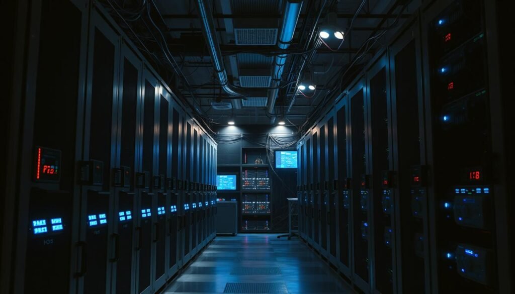 A high-security data center, its servers and network infrastructure shrouded in a web of protective measures. Gleaming metal enclosures, reinforced doors, and biometric access controls dominate the foreground. In the middle ground, intricate cabling, blinking status lights, and an array of monitoring screens convey the complexity of the security system. The background is dimly lit, casting long shadows and creating an atmosphere of vigilance and control. Soft blue hues from the monitors bathe the scene, while strategically placed spotlights highlight the critical components, underscoring the importance of the replatforming process and the need for robust security measures.
