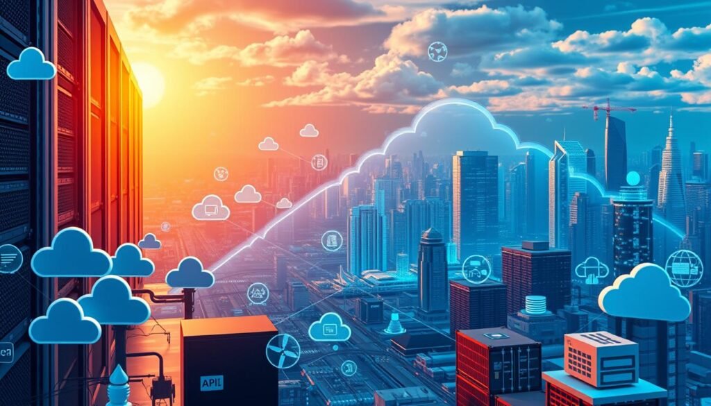 A hyper-realistic digital illustration depicting the tools and platforms that enable cloud migration automation. In the foreground, various cloud icons, APIs, and infrastructure automation tools are intricately rendered. In the middle ground, a data center transitions seamlessly into a cloud environment, with virtual machines, containers, and serverless functions visible. The background showcases a futuristic cityscape, conveying the scale and impact of seamless cloud adoption. The scene is illuminated by a warm, glowing light, creating a sense of progress and technological advancement. The overall mood is one of efficiency, flexibility, and the transformative power of cloud migration automation.