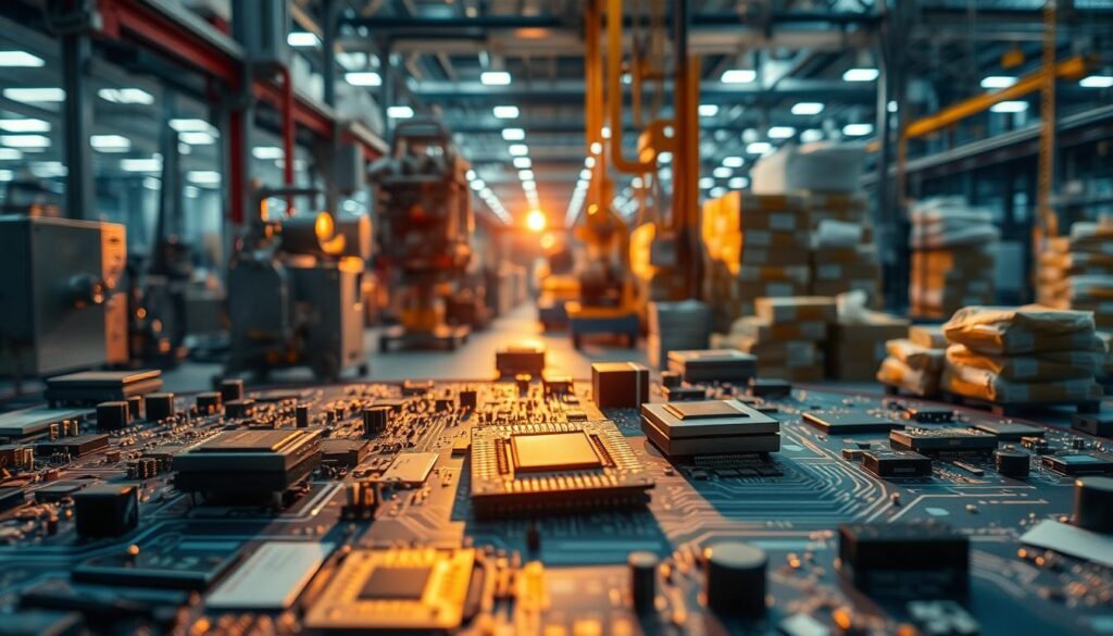 A meticulously crafted scene depicting semiconductors and critical goods. In the foreground, a cluster of intricate silicon microchips and circuit boards, their intricate patterns casting long shadows under a warm, directional light. In the middle ground, precision engineering equipment and manufacturing tools, their metallic surfaces gleaming. The background reveals a vast, high-tech factory floor, filled with robotic assembly lines and stacks of packaged goods ready for global distribution. The overall atmosphere conveys a sense of technological prowess, industrial might, and the complex web of international supply chains that underpin the modern economy.