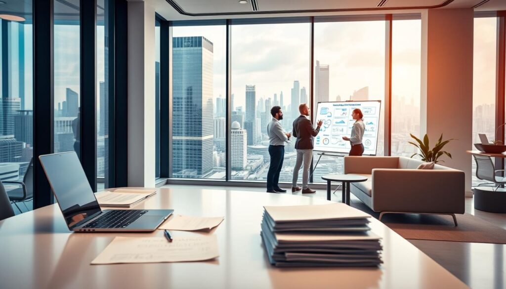 A modern office interior with sleek, minimalist furniture and large windows overlooking a bustling cityscape. The foreground features a desk with a laptop, tablet, and stacks of papers, representing the &quot;Post-Migration Optimization and Cloud Cost Governance&quot; process. The middle ground showcases a team of professionals collaborating on a digital whiteboard, discussing cloud migration strategies and cost optimization techniques. The background depicts a vibrant urban landscape, symbolizing the seamless integration of cloud technologies into the modern business environment. The lighting is soft and warm, creating a productive and innovative atmosphere. The overall scene conveys a sense of efficiency, collaboration, and forward-thinking in the realm of cloud migration and cost management.