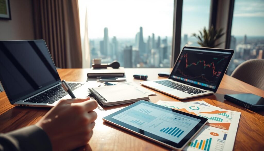 A neatly organized workspace, with a laptop, a notebook, and various financial charts spread out on a wooden table. Warm, natural lighting illuminates the scene, creating a sense of focus and clarity. In the foreground, a beginner investor holds a pen, contemplating their next investment move. The middle ground showcases a variety of investment options, including cryptocurrency, stocks, and bonds, displayed on a tablet. The background features a skyline with modern skyscrapers, hinting at the larger financial landscape. The overall atmosphere conveys a blend of thoughtfulness, opportunity, and the excitement of a newbie embarking on their investment journey.