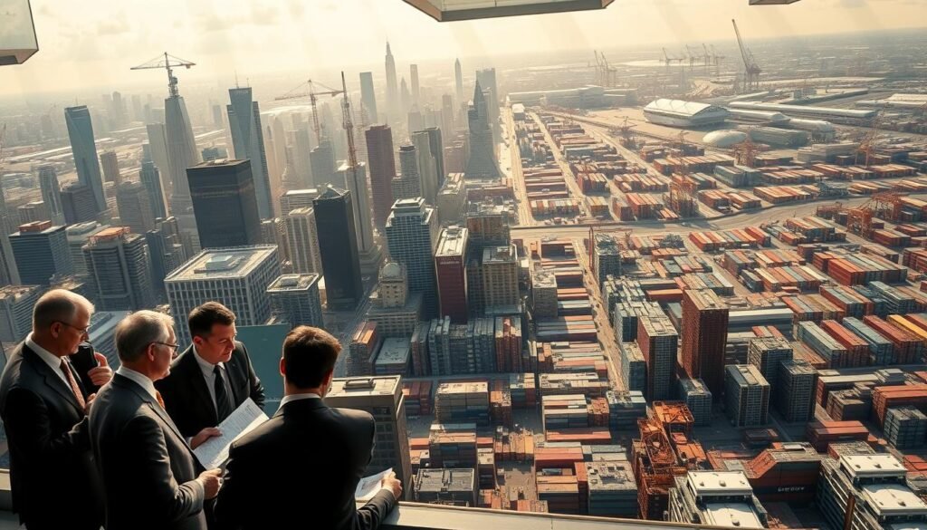 A panoramic scene of a bustling city skyline, with towering skyscrapers and cranes dotting the horizon. In the foreground, a group of politicians and economists engage in animated discussions, their expressions serious as they pore over charts and documents. The middle ground is a tangle of trading floors, with brokers and analysts scrambling amidst a flurry of activity. In the background, a maze of supply chains and transportation networks, with cargo ships and trucks conveying goods across vast distances. Beams of light filter through the windows, casting a warm, golden glow over the entire scene, conveying a sense of gravity and importance. The overall mood is one of complex interconnectedness, where political decisions, economic incentives, and global trade collide.