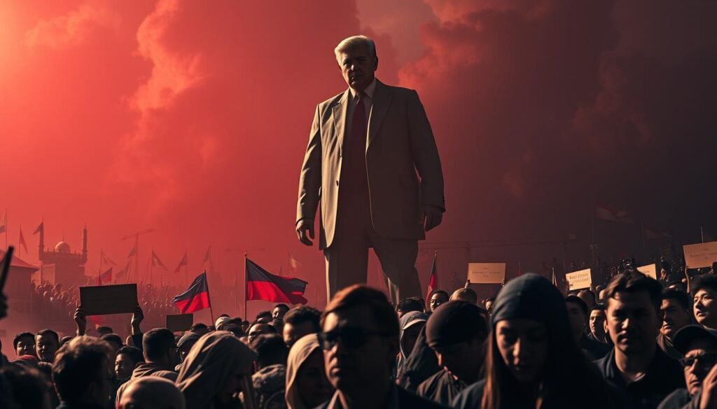 A powerful government figure stands tall, casting an ominous shadow across the landscape. In the foreground, a crowd of citizens cowers, their faces etched with fear and uncertainty. The background is a kaleidoscope of chaotic policy decisions, each one amplifying the grip of authoritarian control. Dramatic chiaroscuro lighting heightens the sense of tension and unease, while a wide-angle lens captures the scale of the power dynamics at play. This scene conveys the stark reality of how concentrated power can shape societal outcomes, challenging the ideals of democracy. A powerful government figure stands tall, casting an ominous shadow across the landscape. In the foreground, a crowd of citizens cowers, their faces etched with fear and uncertainty. The background is a kaleidoscope of chaotic policy decisions, each one amplifying the grip of authoritarian control. Dramatic chiaroscuro lighting heightens the sense of tension and unease, while a wide-angle lens captures the scale of the power dynamics at play. This scene conveys the stark reality of how concentrated power can shape societal outcomes, challenging the ideals of democracy.