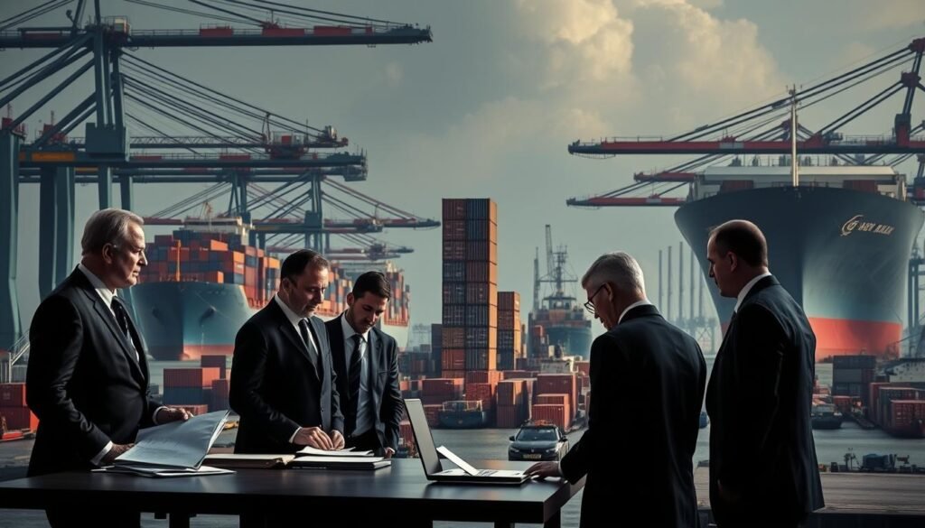 A scene of a bustling trading port, with massive cargo ships and cranes in the background. In the foreground, a group of businesspeople in suits stand around a table, their expressions somber as they pore over documents and laptops. The lighting is subdued, casting long shadows and a sense of tension. In the middle ground, a towering stack of shipping containers stands as a symbol of the disrupted global supply chains. The overall atmosphere conveys the gravity and secondary effects of economic sanctions, as the ripples of geopolitical turmoil reverberate through the global economy.