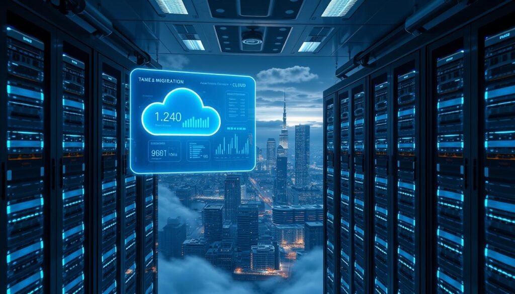 A sleek data center in the clouds, with rows of gleaming server racks and glowing blue indicator lights. In the foreground, a holographic control panel floats, displaying real-time migration metrics and cloud resource utilization. The background is a panoramic vista of a futuristic cityscape, with towering skyscrapers and hover-cars navigating the skyline. The lighting is cool and precise, illuminating the meticulous organization of the autonomous cloud infrastructure. The overall atmosphere conveys a sense of efficiency, power, and technological progress.