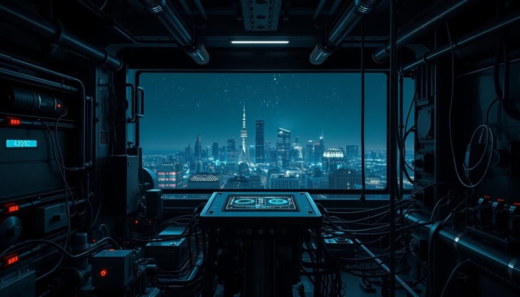 A sleek, futuristic closed-loop system in a dimly lit, industrial setting. In the foreground, a complex array of interconnected mechanical components and circuits pulsing with energy. The middle ground features a central control panel with a holographic display, surrounded by a web of cables and pipes. In the background, a panoramic view of a cityscape at night, with skyscrapers silhouetted against a starry sky. The lighting is dramatic, with bold chiaroscuro effects casting sharp shadows and highlights, creating a sense of depth and technical sophistication. The overall atmosphere is one of advanced technology, efficiency, and precision, reflecting the core concepts of autonomous incident management.