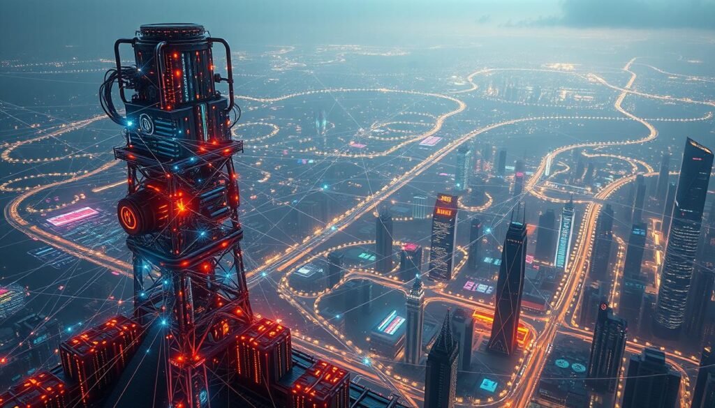 A sprawling digital landscape, where the boundless realms of blockchain and artificial intelligence converge in a symphony of innovation. In the foreground, a towering AI construct, its circuits pulsing with energy, interacting seamlessly with a web of on-chain data flows. Amidst the intricate interplay, holographic visualizations emerge, revealing the ever-evolving patterns of decentralized finance. In the middle ground, a cluster of skyscrapers, their facades adorned with neon-lit symbols, represents the thriving crypto ecosystem. The background is a kaleidoscope of ethereal lights, casting an otherworldly glow upon the scene, evoking a sense of boundless potential and technological transcendence. Cinematic lighting and a wide-angle lens capture the grandeur and scope of this AI-blockchain fusion, a vision of the future where the digital and the physical converge in a transformative synergy.