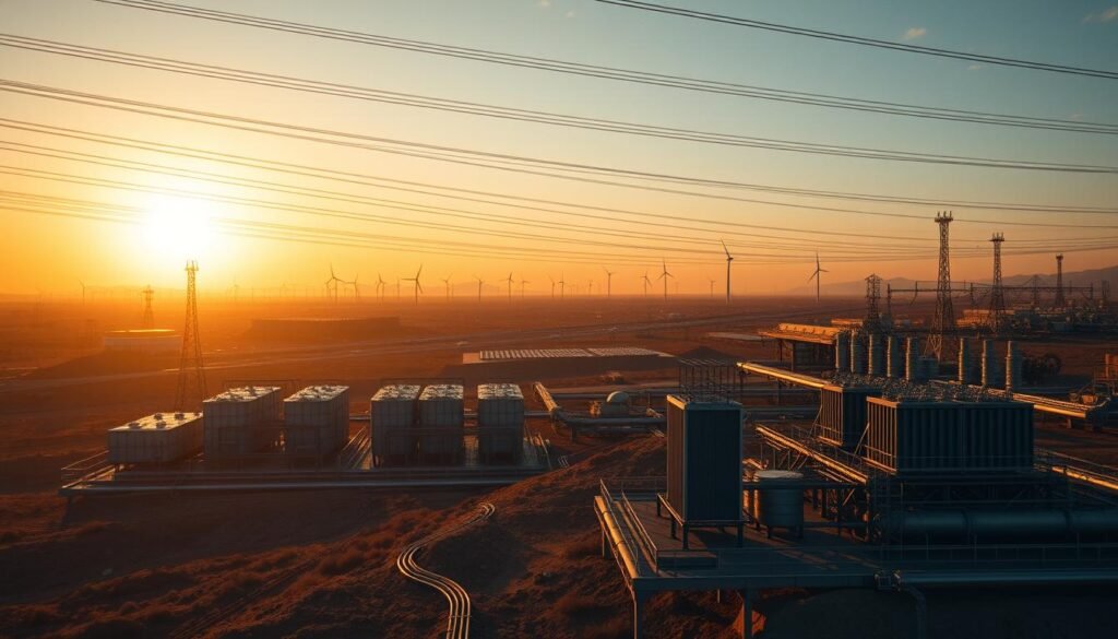 A sprawling interconnected grid of power lines, cables, and pipelines criss-crosses a rugged industrial landscape. In the foreground, massive energy storage facilities and transformer stations stand as sentinels, their sleek metal forms casting long shadows under a golden sunset sky. Further back, towering wind turbines and solar arrays dot the horizon, harnessing the elements to feed the ever-growing thirst for electricity. The scene conveys a sense of scale, complexity, and the critical role that infrastructure, grids, and storage play in the new strategic terrain of global power dynamics. The image is rendered with a cinematic, almost dystopian tone, highlighting the pivotal importance of these systems in the modern world.
