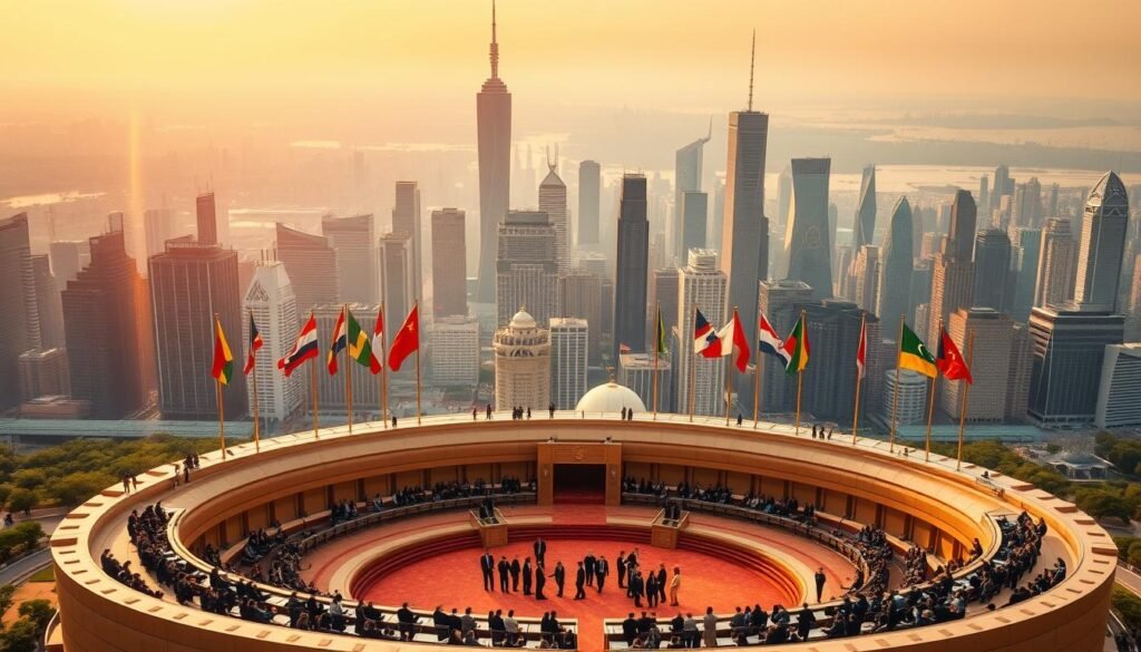 A sprawling skyline of gleaming skyscrapers, each a symbol of burgeoning economic might. Towering flags of diverse nations flutter in the crisp breeze, representing the rise of new global powers. In the foreground, a grand, circular amphitheater takes center stage, its domed roof glistening under the warm, golden light of the setting sun. Dignitaries and diplomats converge, engaged in animated discussions, shaping the future of international cooperation and expanded leadership forums. The scene conveys a sense of optimism, dynamism, and the shifting balance of global influence.