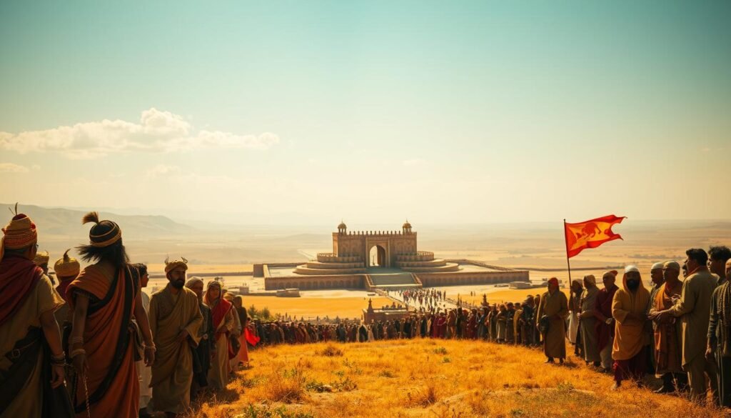 A sweeping landscape unfolds, illuminated by warm, golden light. In the foreground, figures from diverse cultural traditions gather, their rich garments and expressive gestures forming a tapestry of narratives. The middle ground features a monumental structure, its architecture blending elements from various civilizations, symbolizing the intersection of ideas. In the background, a vast sky stretches, hinting at the boundless realm of belief systems and worldviews. The scene evokes a sense of interconnectedness, where cultural legacies converge and shape the ideological landscape. A sweeping landscape unfolds, illuminated by warm, golden light. In the foreground, figures from diverse cultural traditions gather, their rich garments and expressive gestures forming a tapestry of narratives. The middle ground features a monumental structure, its architecture blending elements from various civilizations, symbolizing the intersection of ideas. In the background, a vast sky stretches, hinting at the boundless realm of belief systems and worldviews. The scene evokes a sense of interconnectedness, where cultural legacies converge and shape the ideological landscape.