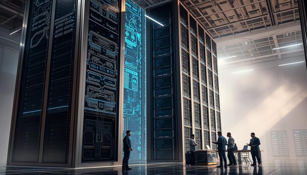 A towering data center looms in the foreground, its sleek steel and glass facade gleaming under crisp, directional lighting. Intricate circuitry and holographic interfaces dance across the surface, hinting at the automated processes within. In the middle ground, a team of technicians oversees the seamless migration of legacy applications to a modern, cloud-based infrastructure. The background is shrouded in a soft, ethereal glow, conveying a sense of technological transformation and forward momentum. The entire scene radiates a sense of efficiency, innovation, and the promise of revitalized, monolithic applications.