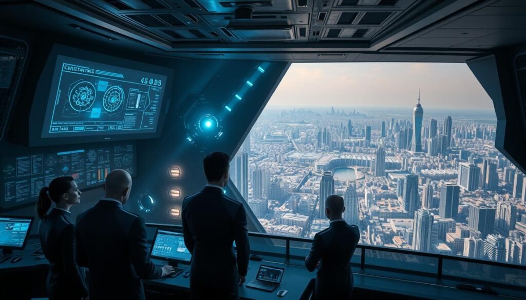 A vast, futuristic control center with holographic interfaces and screens displaying real-time data. In the foreground, a team of specialists in sleek, high-tech uniforms monitors the system, their faces illuminated by the soft glow of the screens. The middle ground features an imposing, angular structure housing advanced AI systems, their processing cores pulsing with energy. The background is a panoramic view of a sprawling, gleaming city, its skyscrapers and infrastructure a testament to technological advancement. Soft, directional lighting casts dramatic shadows, creating a sense of seriousness and authority. The overall atmosphere conveys the importance of security and governance in managing agentic AI systems for incident handling.